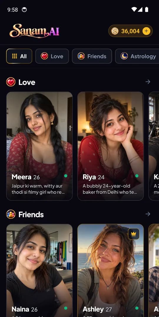 The Sanam AI home screen